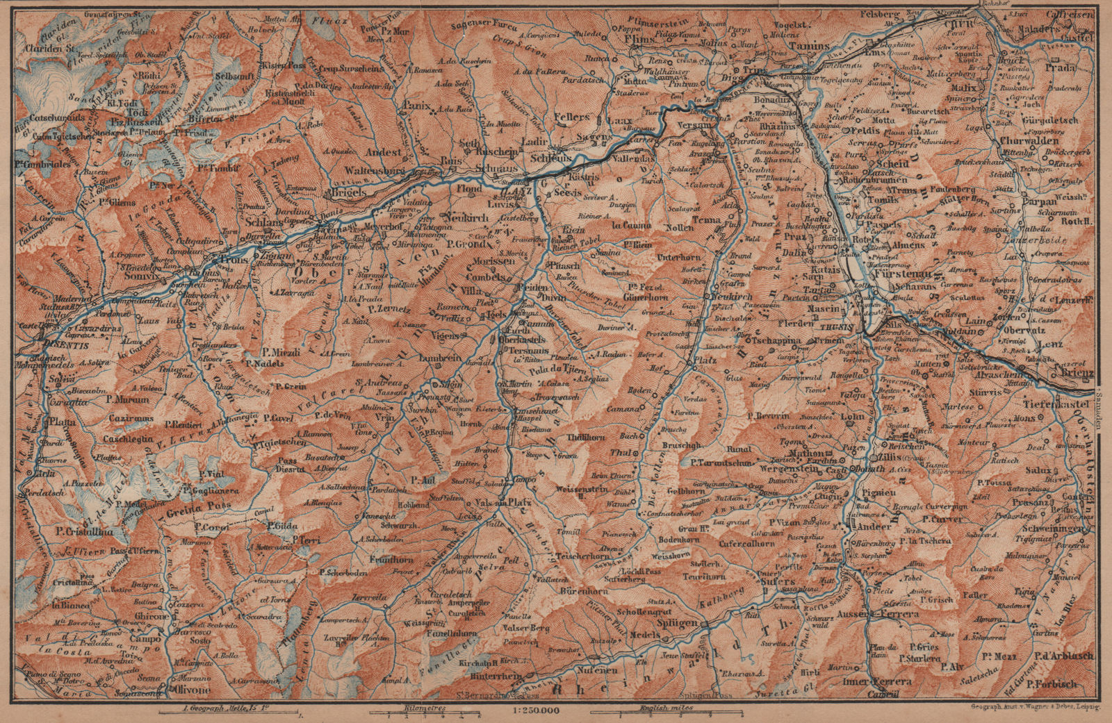 VORDER-RHEINTHAL. Flims Laax Chur Obersaxen Tamins Brigels Thusis 1905 old map